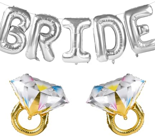 Silver BRIDE letter balloons with ring balloons as a bachelorette photo backdrop