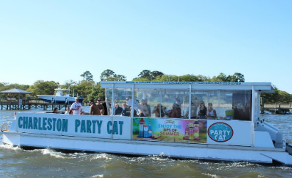 Bachelorette group on a Charleston Party Cat catamaran in Charleston Harbor