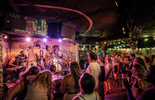 Outdoor Deck Stage at the Charleston Pour House at sunset