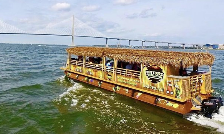 Floating tiki bar boat on Charleston Harbor